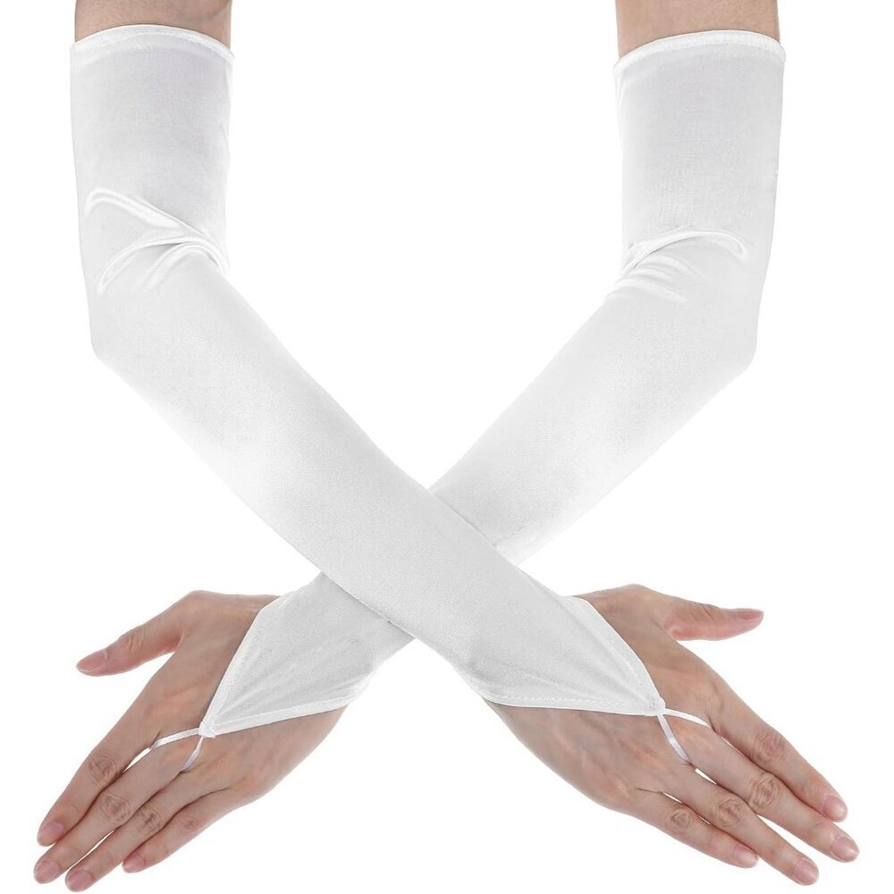 Women's Fingerless White Long Satin Gloves Elbow Length Design Party Prom